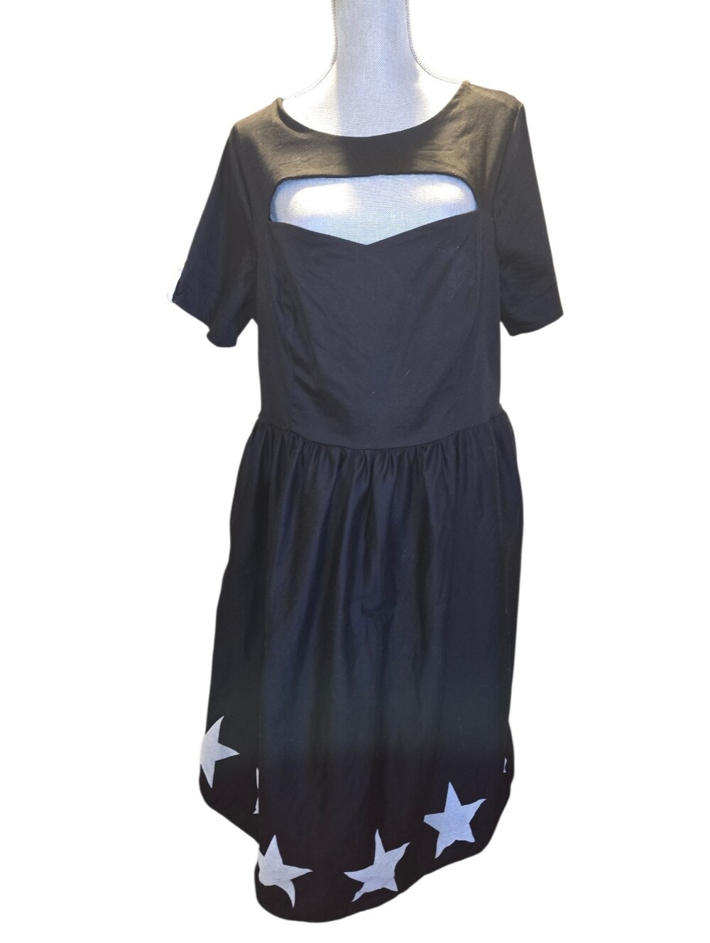 Unique Vintage Black Dress w Wht Stars Peekaboo Neckline US Women's Plus Size 2X